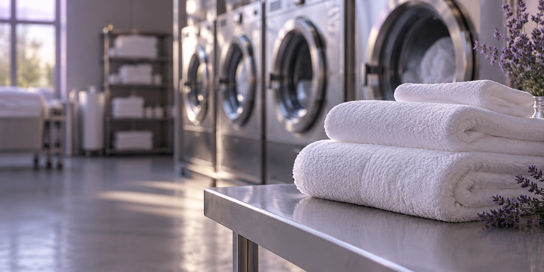 A beautiful professional laundry with neatly folded white cotton towels in the foreground and stainless washing machines softly blurred behind, soft lilac daylight